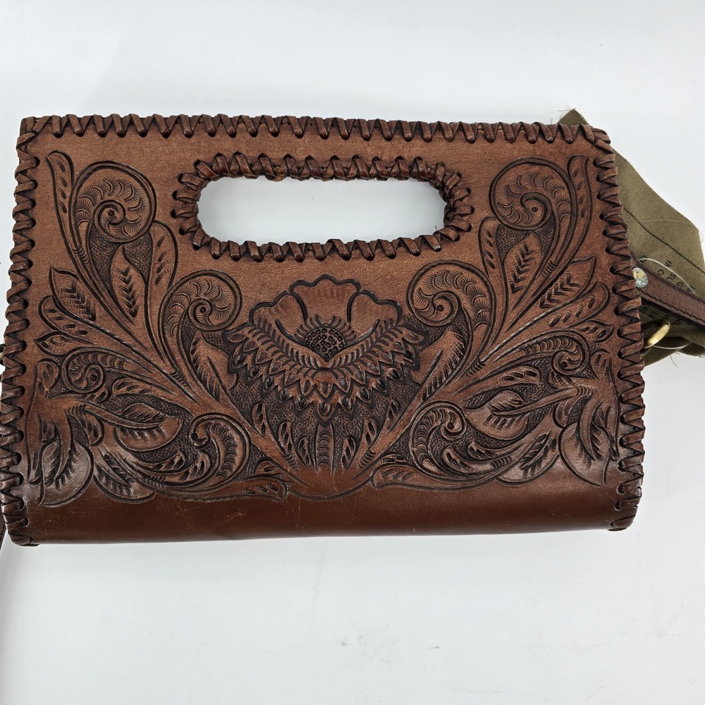New Vilenca Holland Hand Tooled Leather Clutch Cross Body Floral Bag Purse